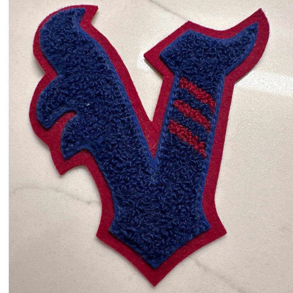Vintage Royal Blue Red Chenille Varsity Letter “V” Patch Red Felt Border